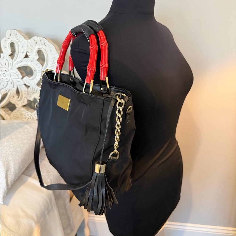 Antonio Melani Black leather tote w/ red accents